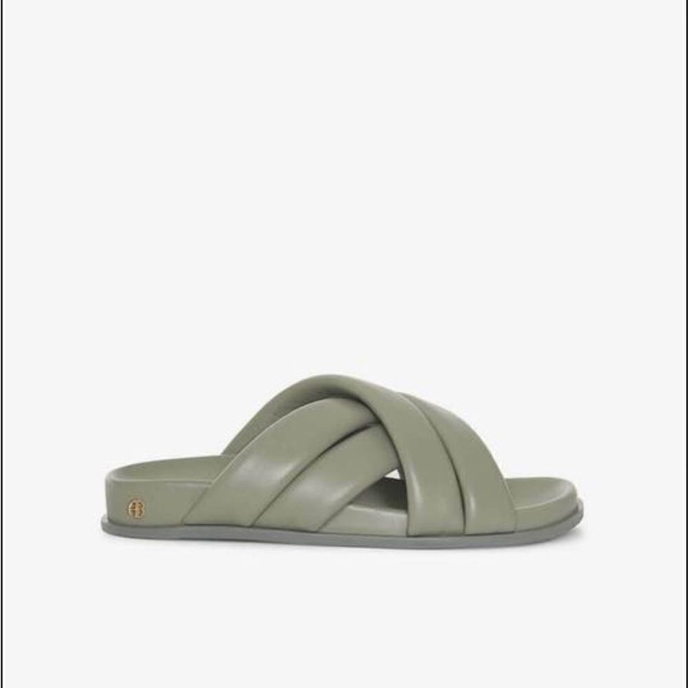 Revolve Anine Bing Lizzie Lamb Leather Slides in Green Khaki Sandals - Picture 3 of 11